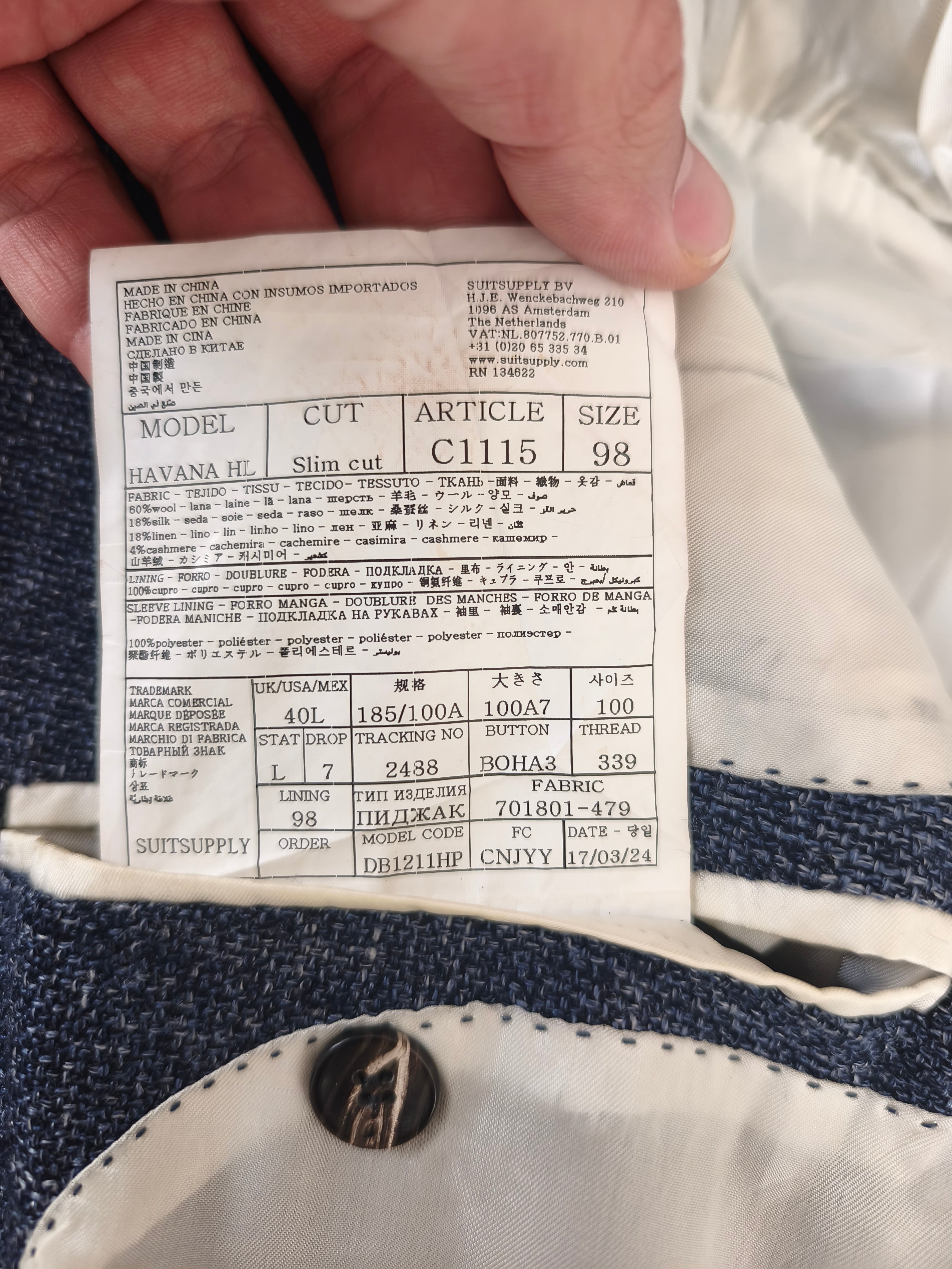Veste Suitsupply - 50 Long - Laine soie lin cachemire